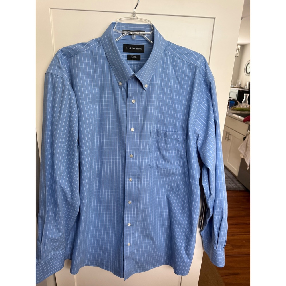 Paul Frederick Dress Shirt Men 17.5x35 Classic Fit lt blue stripe no iron cotton